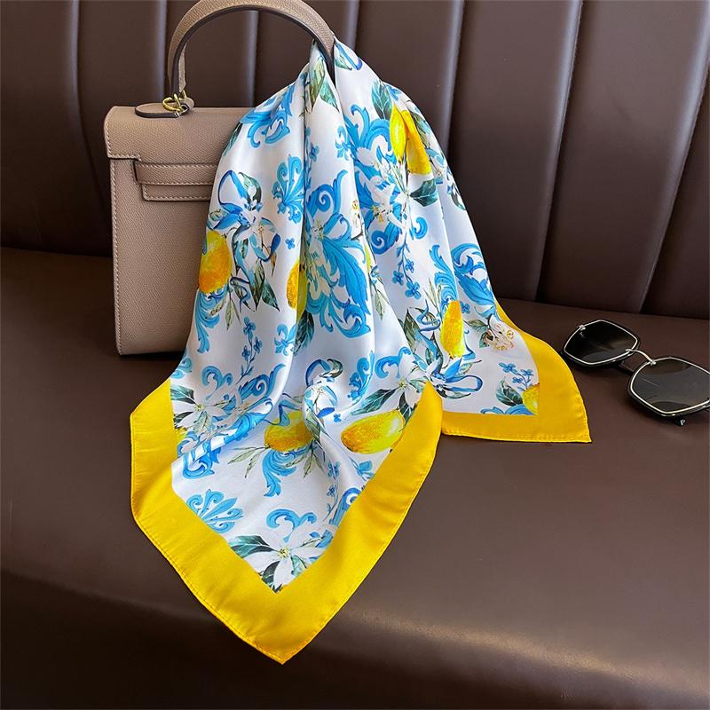 Square Silk Scarf Printed In Lemon Yellow For Women, 70X70Cm, Ties, Fashionable Decoration, Scarf, Hijab Bag, Rib,  Collectio