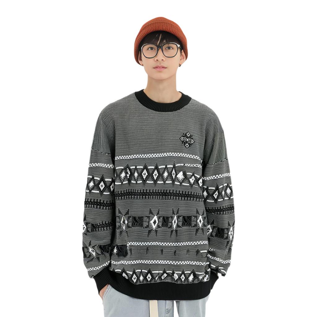 Li-Ning Full Print Diamond Color Block Round Neck Pullover Sweater Men sweater Black AMBT247-3