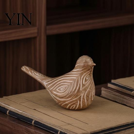 Country Living Bird Ornaments Resin Ornaments, Retro Wood Color Figurine, Handmade Carved Grain Birds Decorative Statue for Farmhouse Home Tabletop