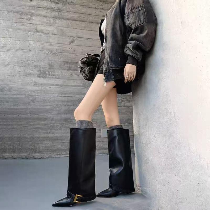 Women's Belt Buckle Tall Boots Autumn New Pointed Toe Sleeve Soft Slip Stiletto Shoes