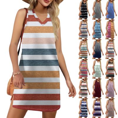 Women's V-neck Summer Casual Beach Vacation Women's Sleeveless Striped Print Sundress