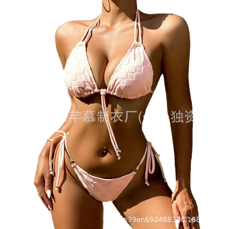 Split Bikini Swimsuit Female Style Hanging Neck Strap Tight Back Solid Color Women's