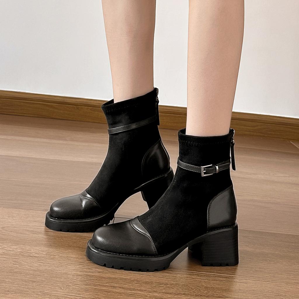 Customized short boots High heel platform short boots Women's thick heel women's boots Maillard coffee splicing medium tube thin boots