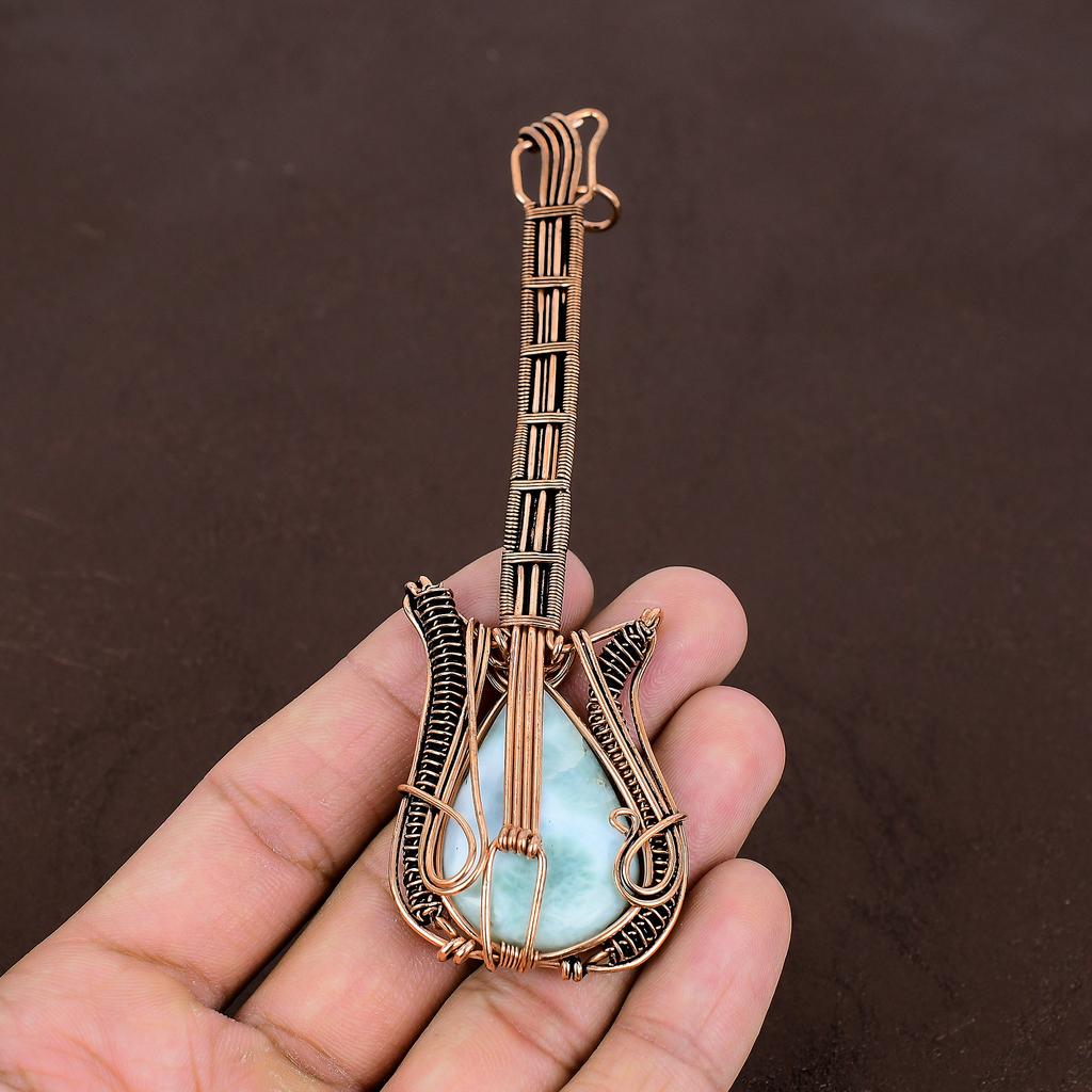 Natural Republic Larimar Handmade Copper Wire Wrap Guitar Pendant 4.53" L0Y79