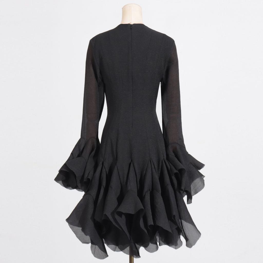 Solid Spliced Button Slimming Dresses for Women O Neck Long Sleeve High Waist Patchwork Ruffles Female Fashion New