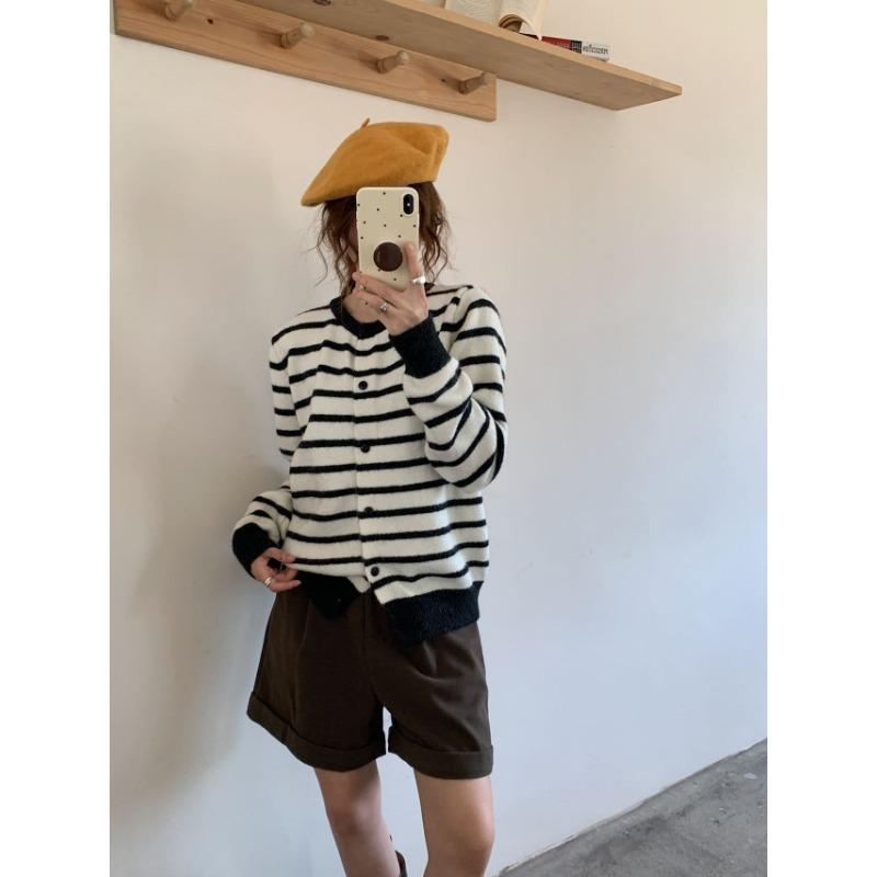 New round neck simple striped design single-breasted long-sleeved loose cardigan women's basic cardigan