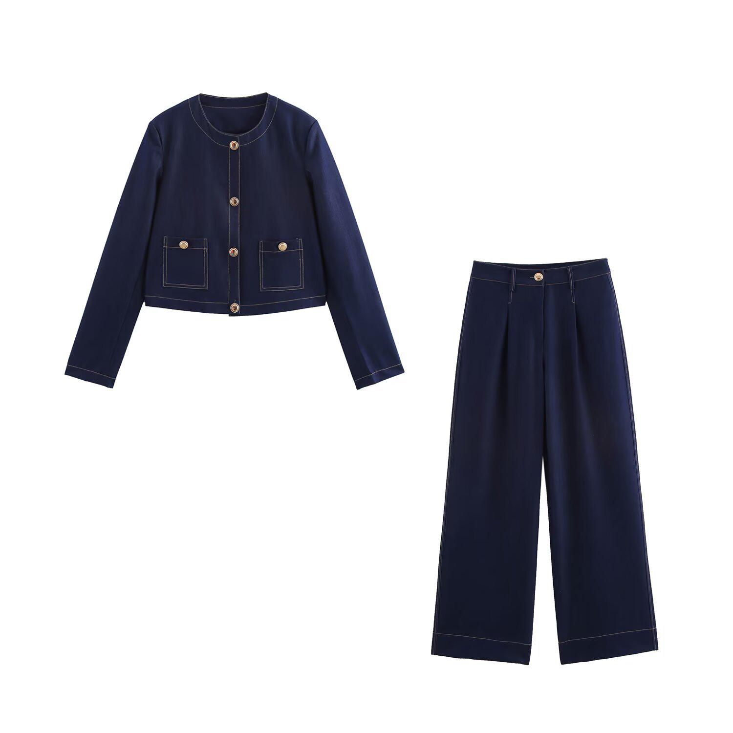 

2025 Spring Women s Color-Block Topstitched Jacket & High-Waisted Wide-Leg Pants Set Extra Small темно-синього кольору
