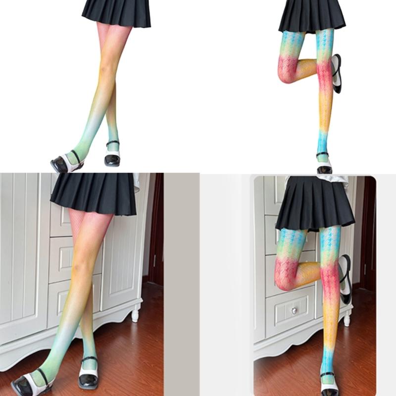 Sexy Regenbogen-Farbverlauf Bunt Fischernetz Strumpfhose für Damen Süßigkeiten-Farbe Hohl Spitze Jacquard Strumpfhose JK Strümpfe Leggings