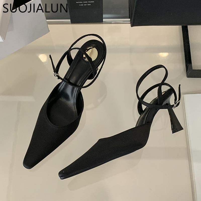 Moda SUOJIALUN Wiosna Nowa Marka Damskie Sandały Moda Czerwone Eleganckie Damskie Buty Slingback Szpiczasty Nosek Cienki Wysoki Obcas Outdoor Sukienka Szpilki
