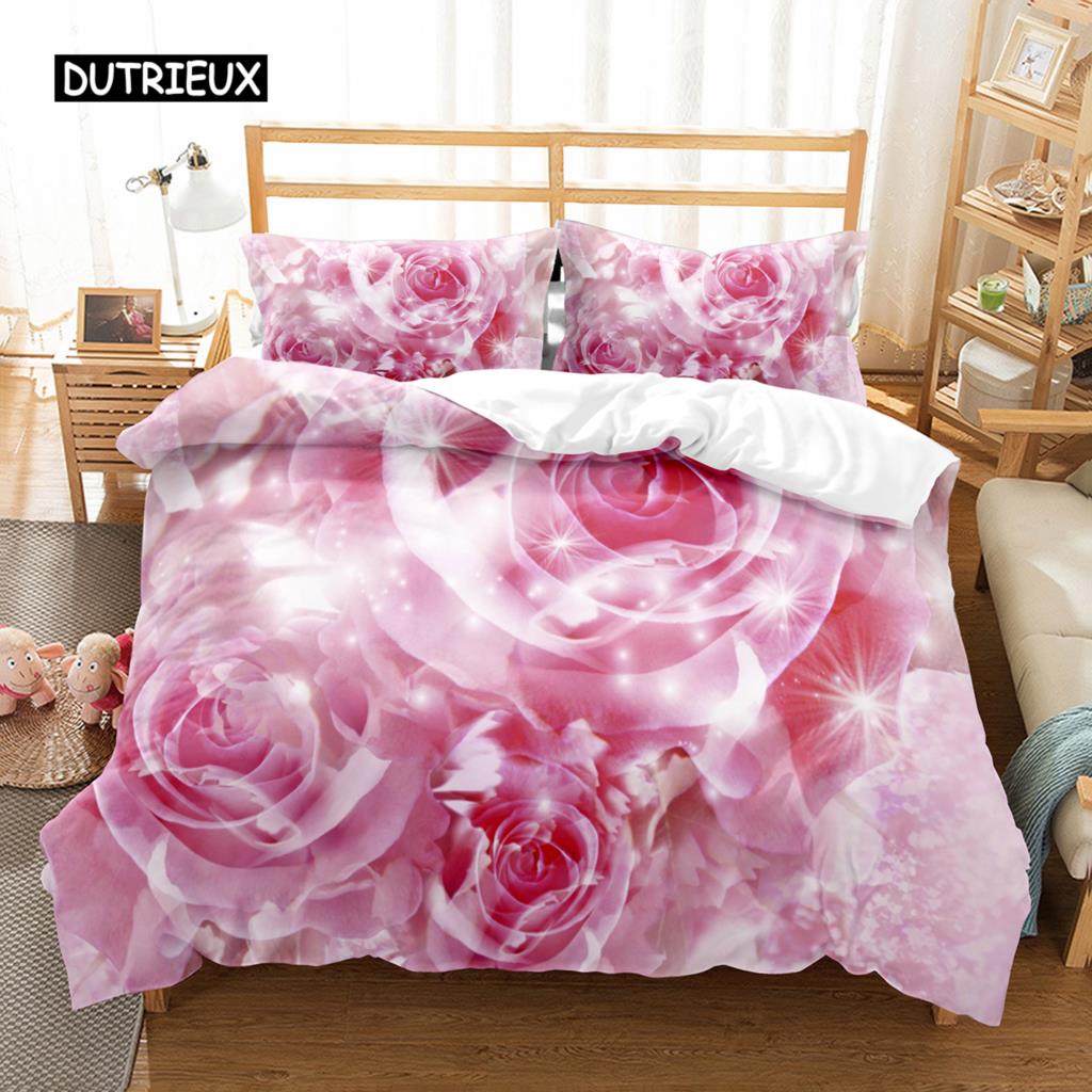 Romantický povlak na přikrývku Růže Twin Queen Květinová ložní souprava Mikrovlákno Kvetoucí květy Povlak na přikrývku Na Valentýna Svatba Dekor