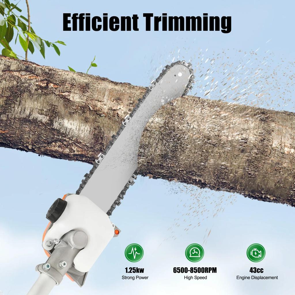 43cc 2-Stroke Gas Efficient Trimmer Saw Tree Garden Trimmer Chainsaw with Adjustable Pole, Manganese Steel Chain, 1.25kw
