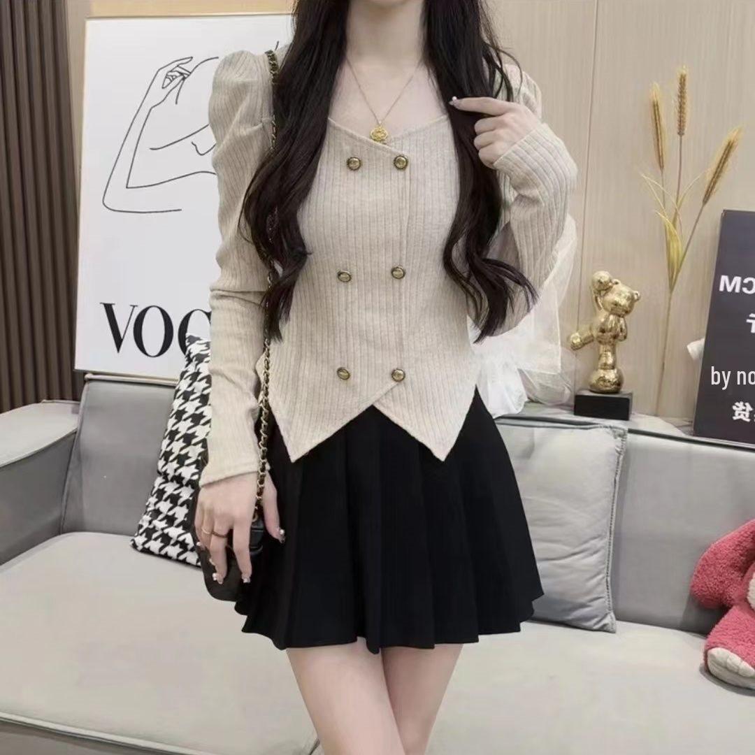 

Корейский Сладкое Желание Приталенный Трикотажный Топ с Двубортной Застежкой и Длинными Рукавами XL (120-129 jin)