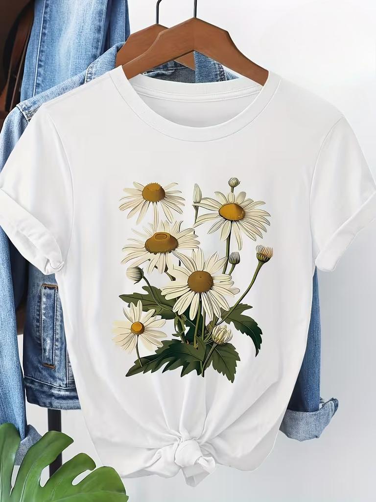 WomenS Casual DDaisy Print TShirt  Short Sleeve  White Daisies and Green Leaves Design Ladies T Shirts Daily Wear