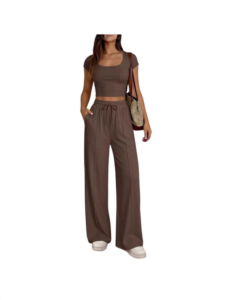 2026 Spring/Summer European & American Women's Casual Slim-Fit Two-Piece Set - Short Sleeve & Long Pants