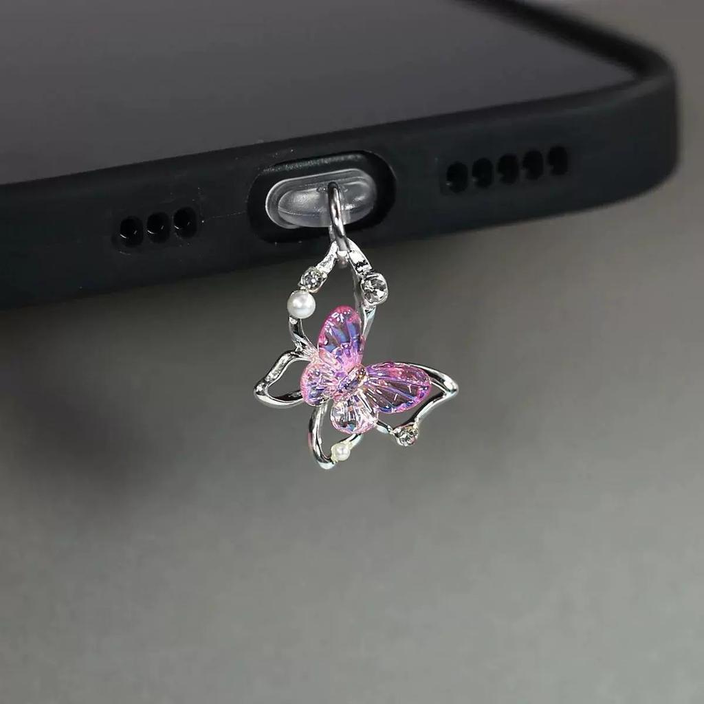 Strass Schmetterling Staubschutz Anhänger Schönheit Helle Perle Schmetterling Typ C Staubschutz für Damen Mode Handy Zubehör