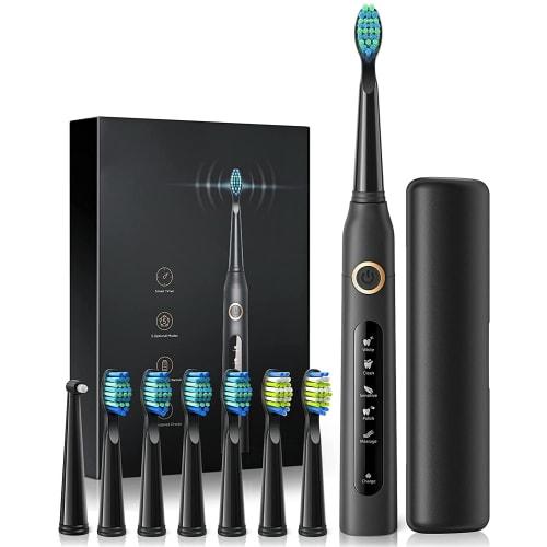 Sonic Electric Toothbrush Set with 8 Replacement Brushes and Case, IPX7 Waterproof, 3 Modes, 2-Minute Auto Timer, USB Charging, 4-Hour Battery Life, 3