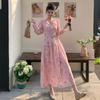 Spring Holiday Crochet Lace Embroidery Hollow Out Floral Print Party Dress Women's Long Sleeve Pearl Buttons Up Belt Clothing
