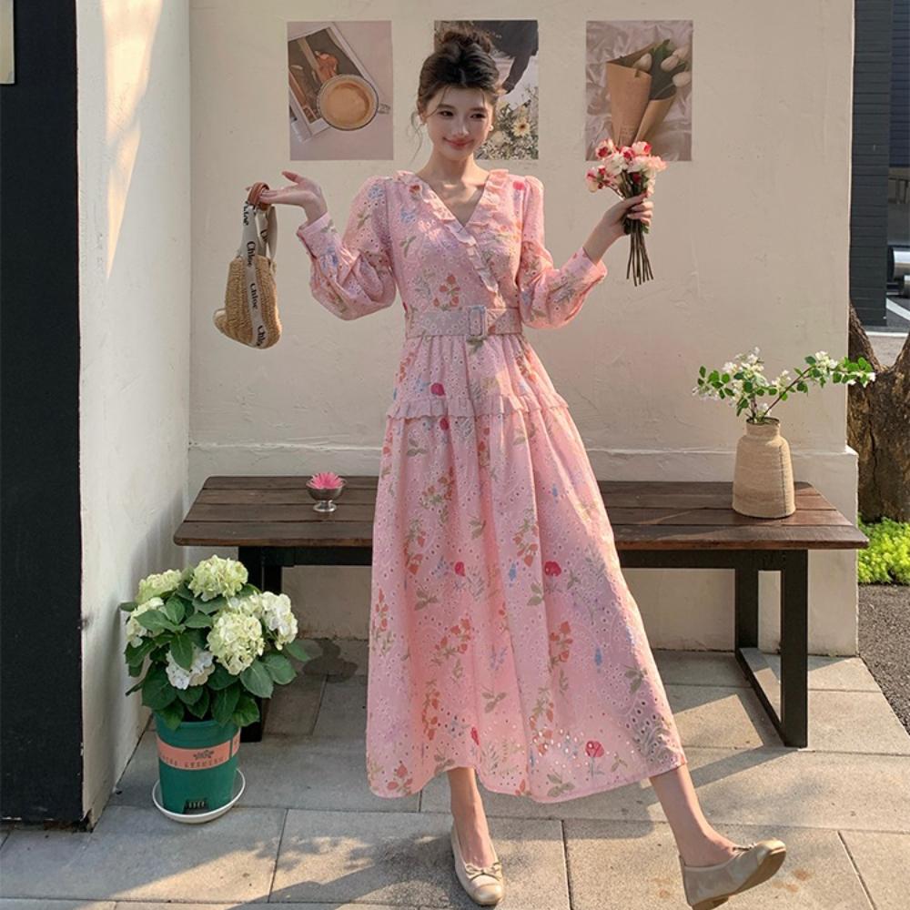 Spring Holiday Crochet Lace Embroidery Hollow Out Floral Print Party Dress Women's Long Sleeve Pearl Buttons Up Belt Clothing