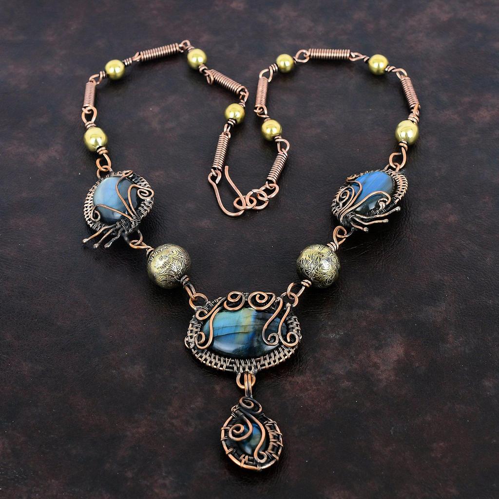 Labradorite Necklace Copper Wire Wrapped Necklace Real Gemstone Jewelry Adjustable Necklace Handmade Copper Wire Wrap Jewelry Wedding Gifts