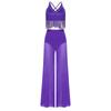 Completo Danza Lirica da Donna Senza Maniche Incrocio sulla Schiena Crop Top Frangiato Pantaloni a Gamba Larga in Rete Slip Integrati