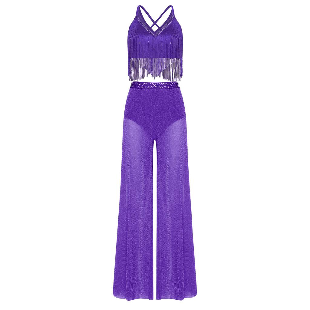 Completo Danza Lirica da Donna Senza Maniche Incrocio sulla Schiena Crop Top Frangiato Pantaloni a Gamba Larga in Rete Slip Integrati