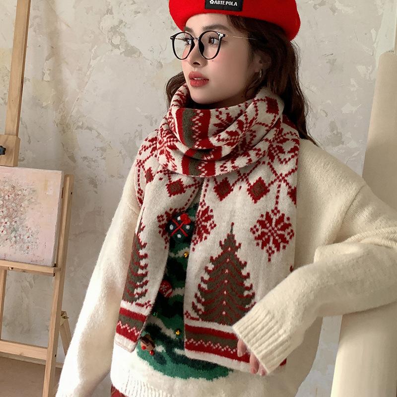 Red Christmas tree deer new knitted scarf women keep warm winter atmosphere holiday gift wool scarf men