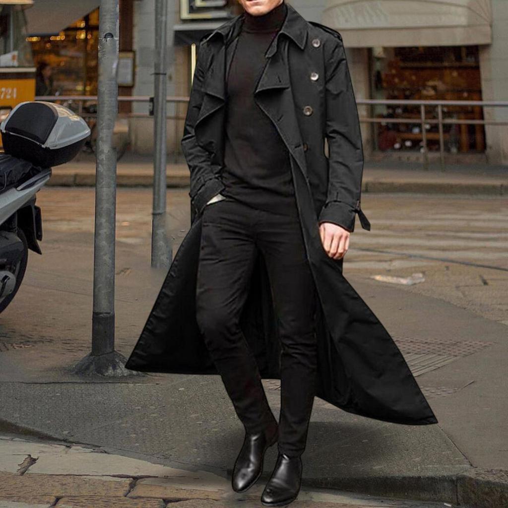 Belted Men'trench Coat Overcoat Double Breasted Fashion Top Long Jacket Warm Notched Lapel Male