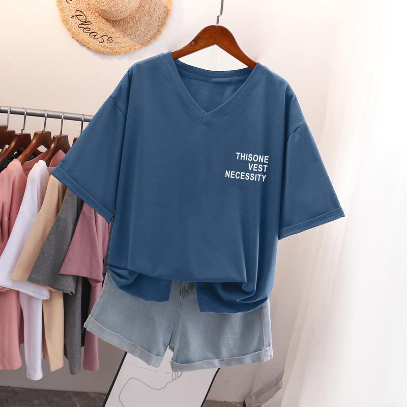 

Футболка с коротким рукавом, Свободного кроя, Приталенный топ с V-образным вырезом с принтом для женщин 5XL королевский синий