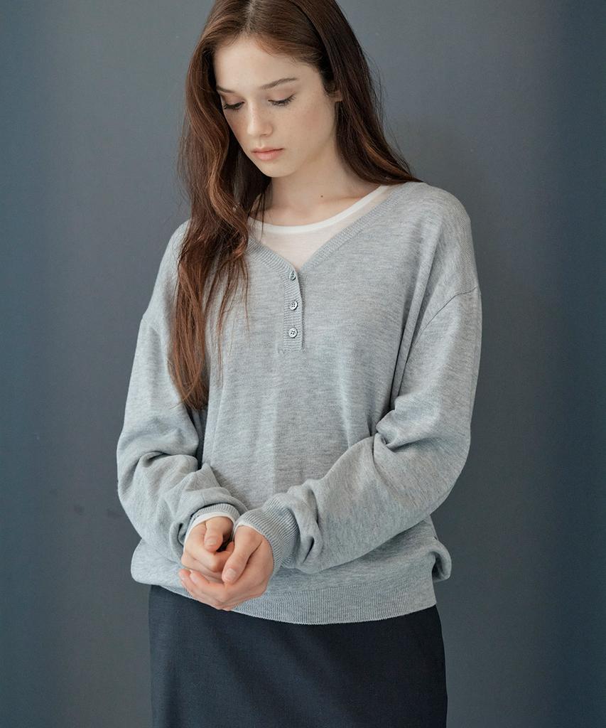AAU V-Neck Button Knit_Melange Gray