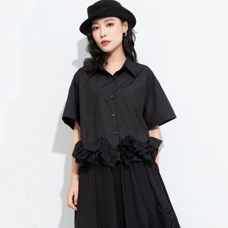 short sleeve oversized cotton mesh vintage black shirts & blouses for blouse Casual loose summer crop tops women button up shirt
