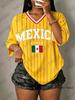 Summer New Stripe Mexico Flag Print T-Shirt For Women V-Neck Short Sleeve Sports Tees Football Jersey Y2K Loose Oversized Tops