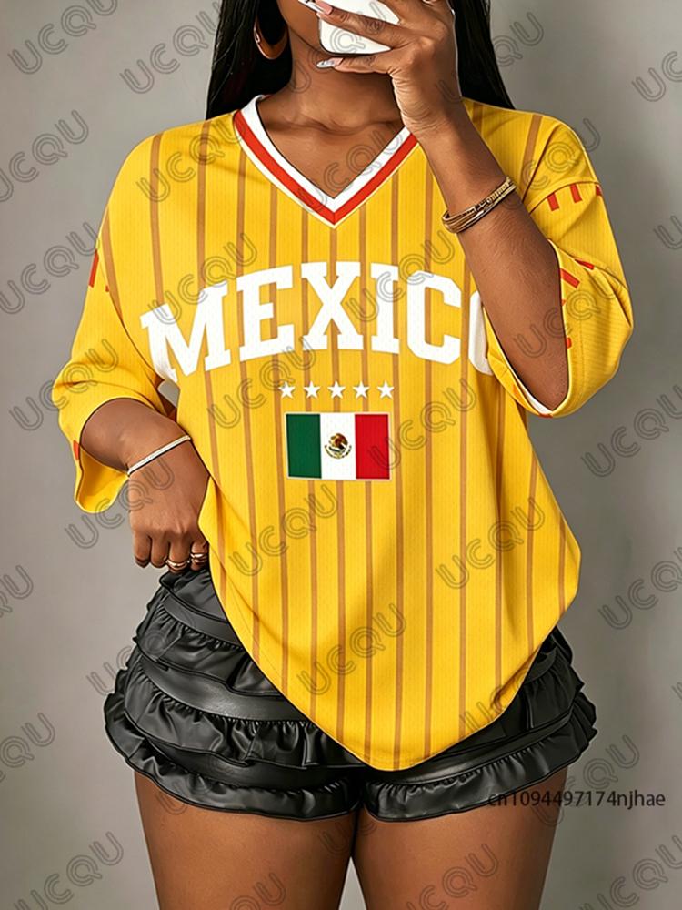 Summer New Stripe Mexico Flag Print T-Shirt For Women V-Neck Short Sleeve Sports Tees Football Jersey Y2K Loose Oversized Tops