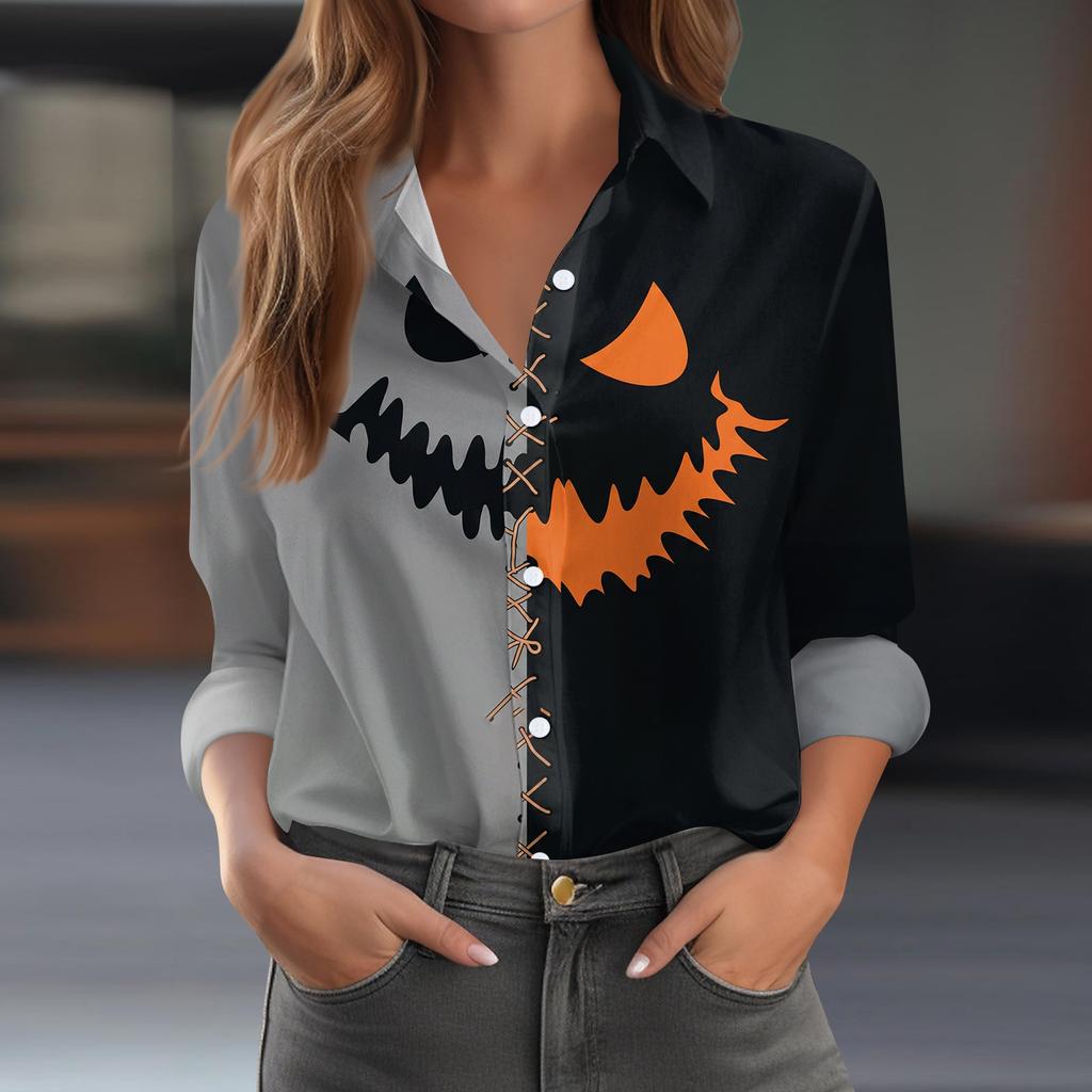 Women's Halloween Printed Long Sleeve Casual Button Down Shirt