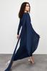 Women's Fashion Navy Blue Shawl Detailed Evening Dress Unlined Dress
