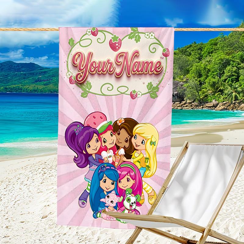 1pc Princess Strawberry Beach Towel with Custom Name, Beach and Seaside Swimming Pool Equipment, Fashion Pattern, Rectangular, Travel Essential