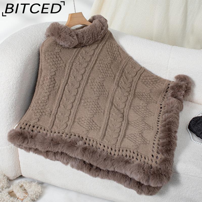 BITCED Oversized Fall/Winter Warm Faux Rabbit Fur Collar Cape Chunky Cable Knit Sweater Jacket