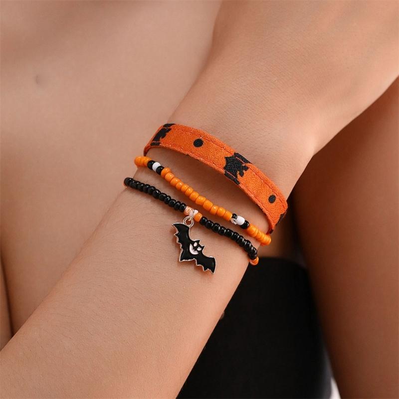 Halloween Beaded Bracelets Set Pumpkin Skull Bracelets for Women Jewelry Gift