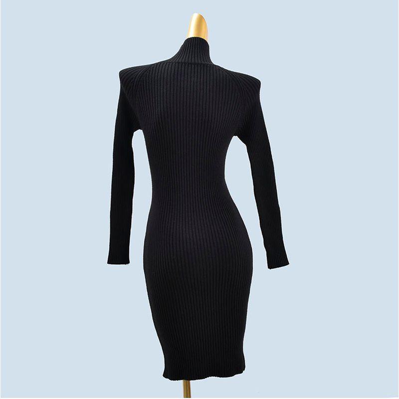 High Collar Pure Color Minimalist Silm Soft Glutinous Knitting Female Fall and Winter Inner Match Slimming Sunken Stripe Elastic Dress