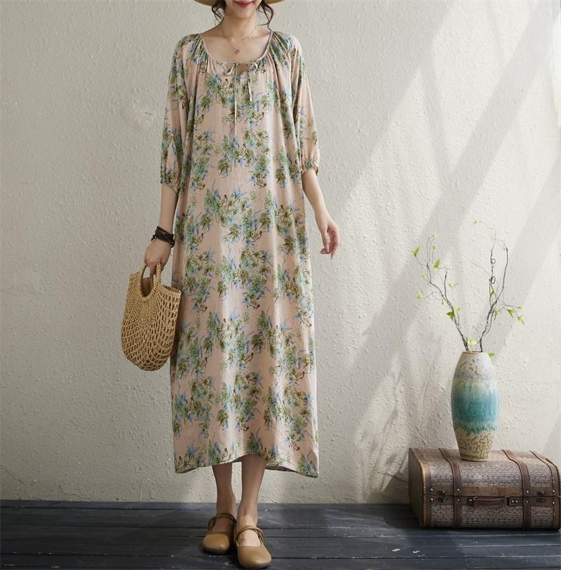 Krátký rukáv Plus size Bavlněné vintage květinové nové šaty pro ženy ležérní volné dlouhé letní šaty