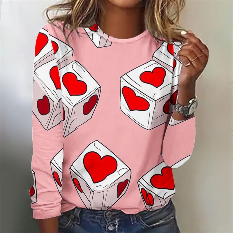 Spring and Autumn Round Neck 3D Love Heart Graphic Printed Top Fashionable Elegant Casual Long Sleeved Women's T-shirts