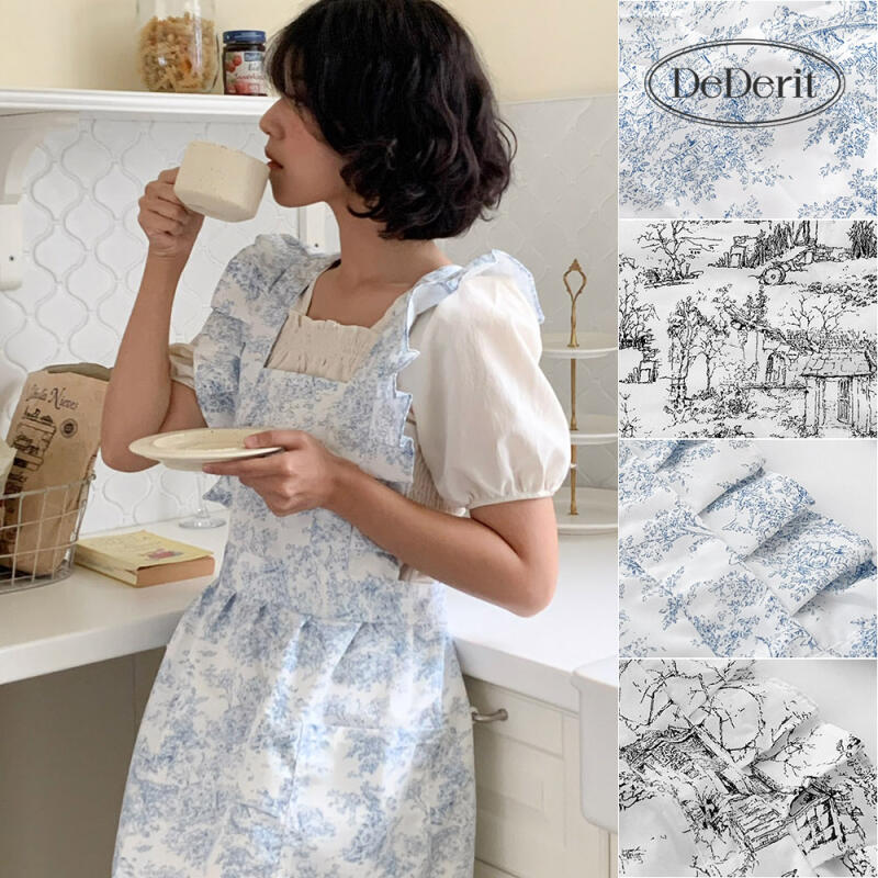 Printed Pattern Frill Flower Pretty Waterproof Apron 01. Blue Printing Pattern Apron