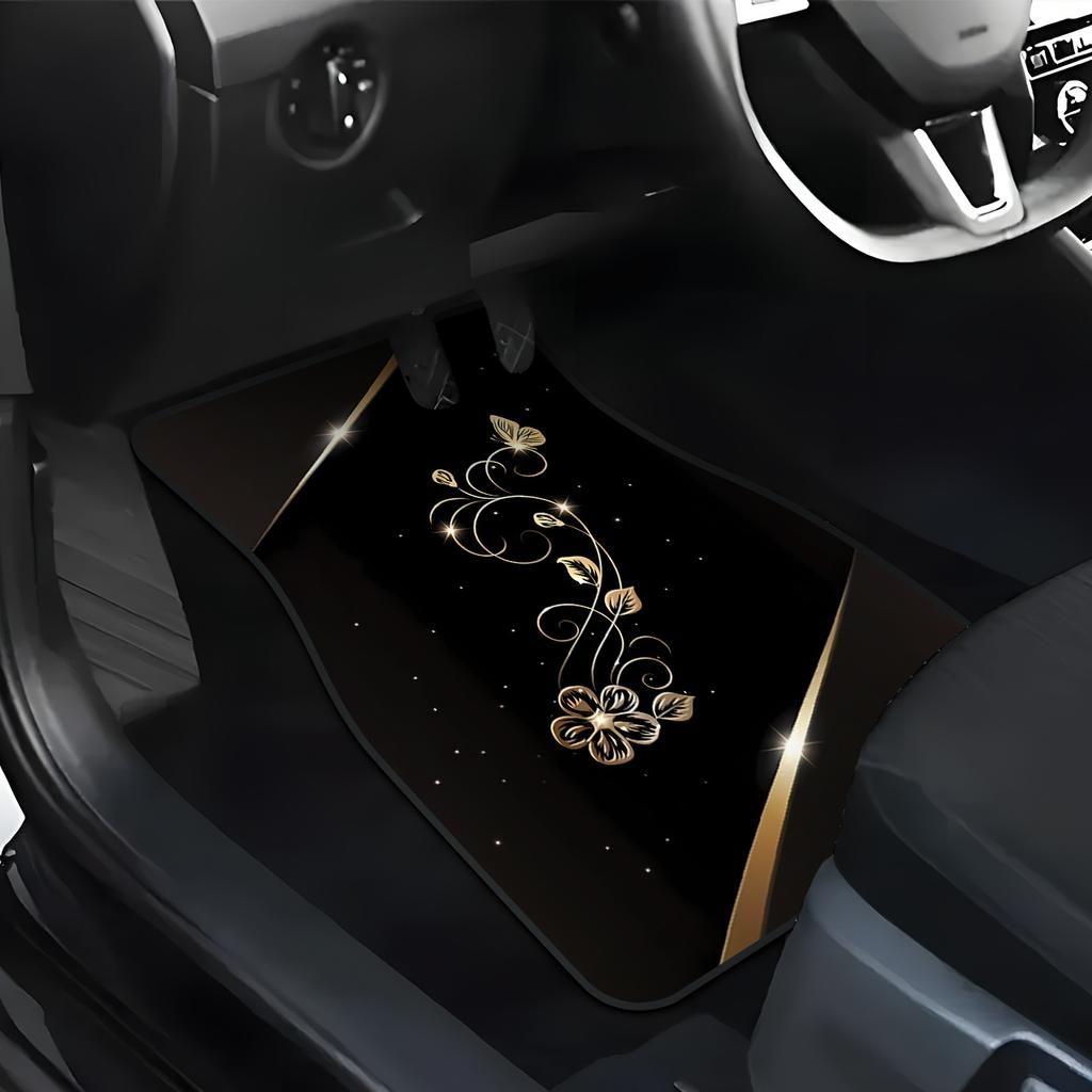 4pcs Golden Floral Print Car Floor Mats Set, Front And Rear Carpets, Fashionable Interior Protection For Cars, Trucks, SUVs, All