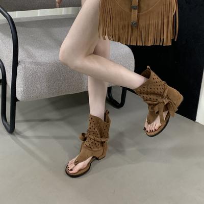Retro Hollow Not Stuffy Feet Summer Personality Cool Boots Women's 2025 New Fashionable Straps Flat Short Boots Sandals