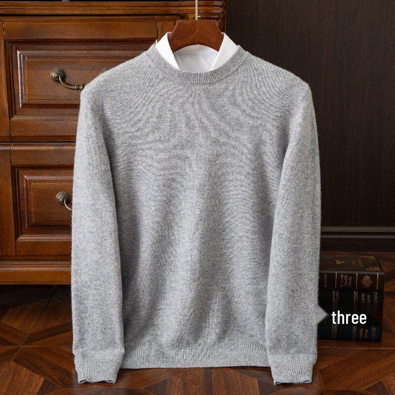Men's Round Neck Pure Wool Pullover Sweater – Solid Color Knit Base Layer