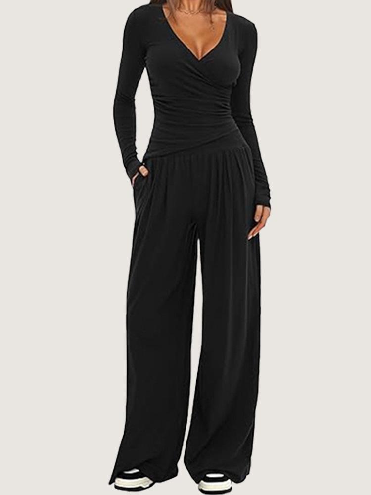 

Women s V-Neck Long Sleeve Wide Leg Jumpsuit with Cross Front Detail and Side Pockets XS чорний