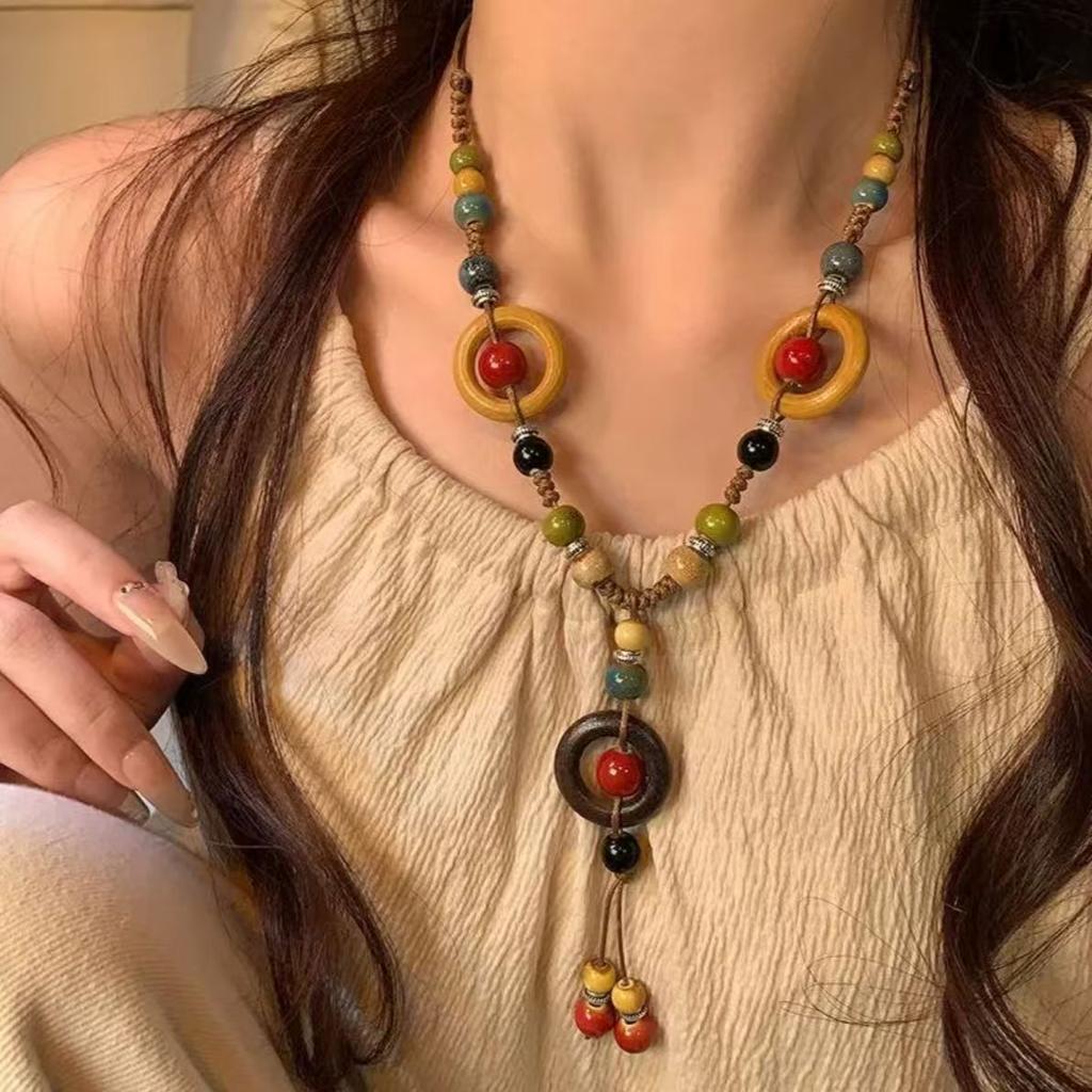 Handcrafted Bohemian Style Wooden Beaded Necklace with Unique Geometric Pendant Adjustable Length Lightweight Design for Everyday Wear