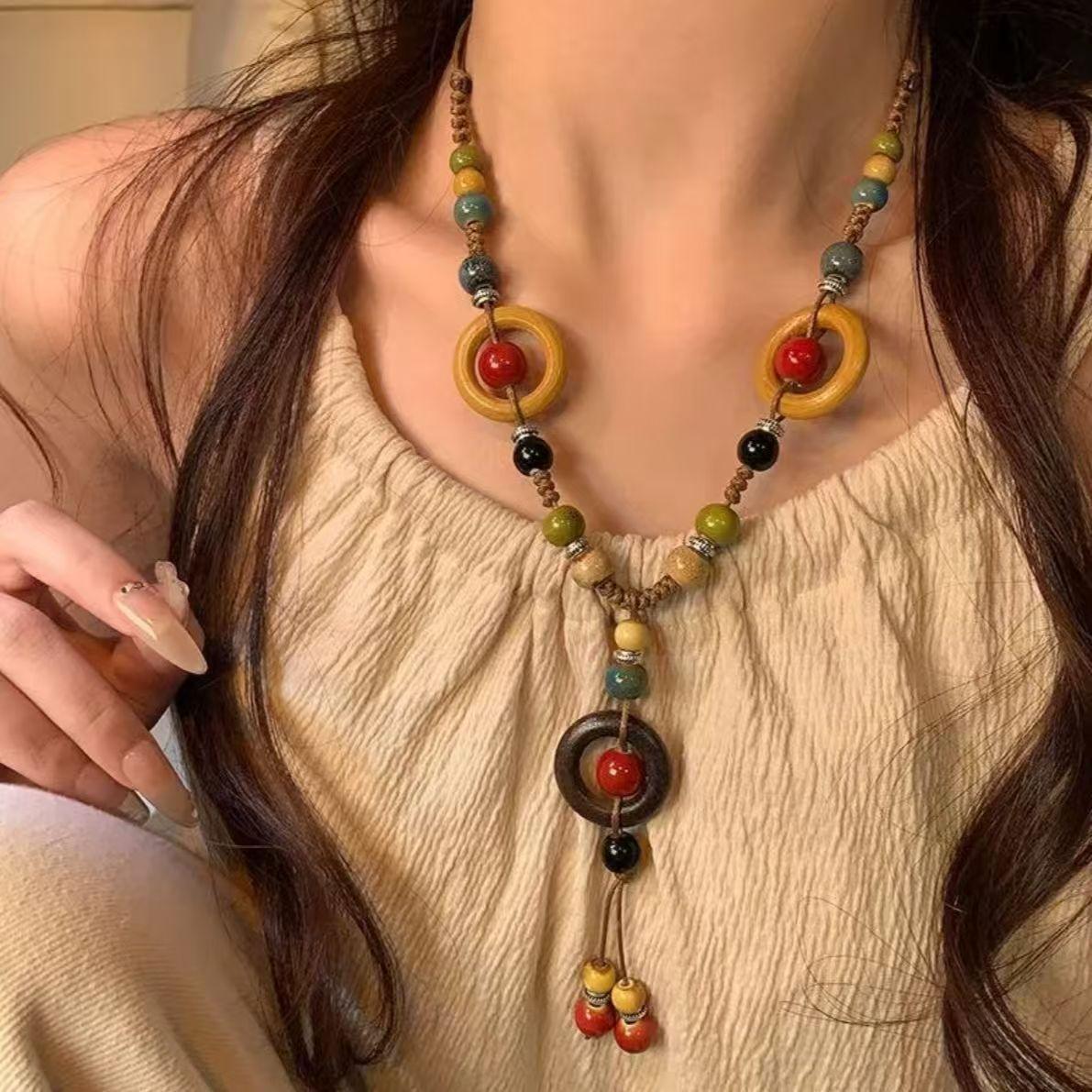 Handcrafted Bohemian Style Wooden Beaded Necklace with Unique Geometric Pendant Adjustable Length Lightweight Design for Everyday Wear One Size