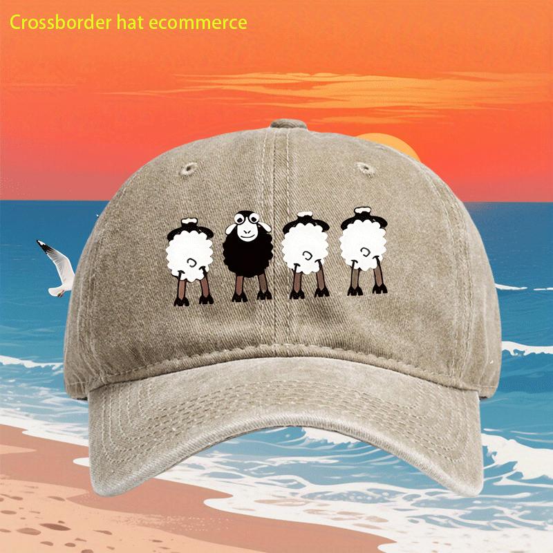 Casquette de Baseball Mouton Dessin Animé Denim Lavé Impression Vintage Extérieur Décontracté Réglable
