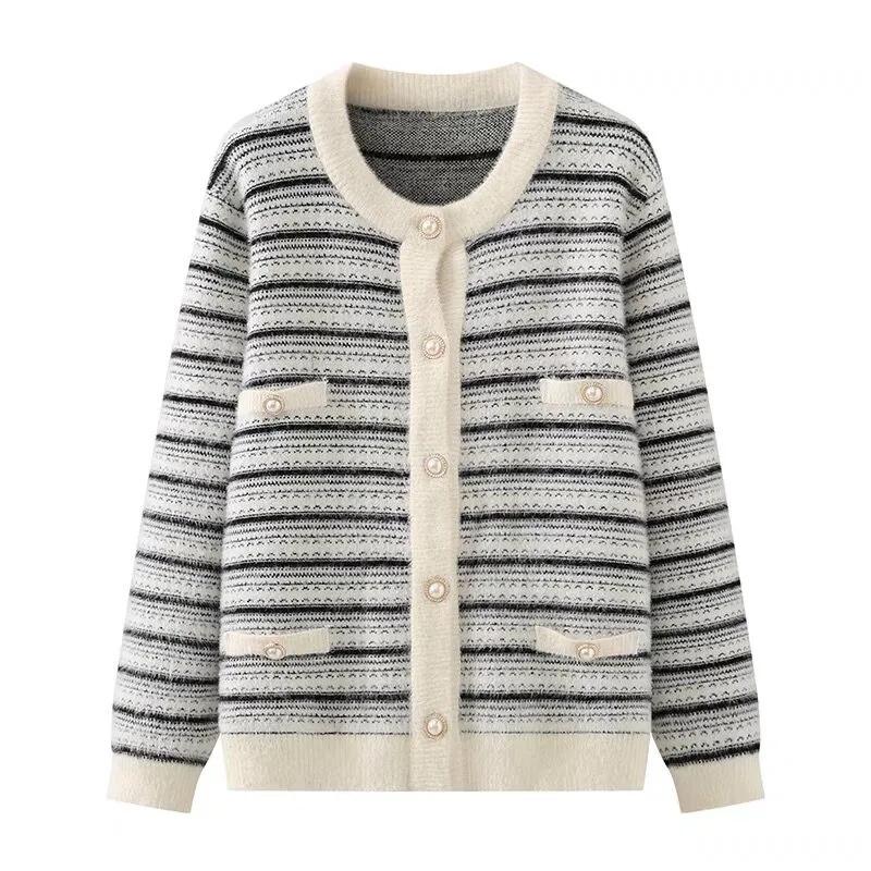 Koreańska Jesienno-Zimowa Dzianinowa Kurtka Damska Casual Długi Rękaw Paski Imitacja Norki Aksamit Kardigan Sweter Damskie Topy