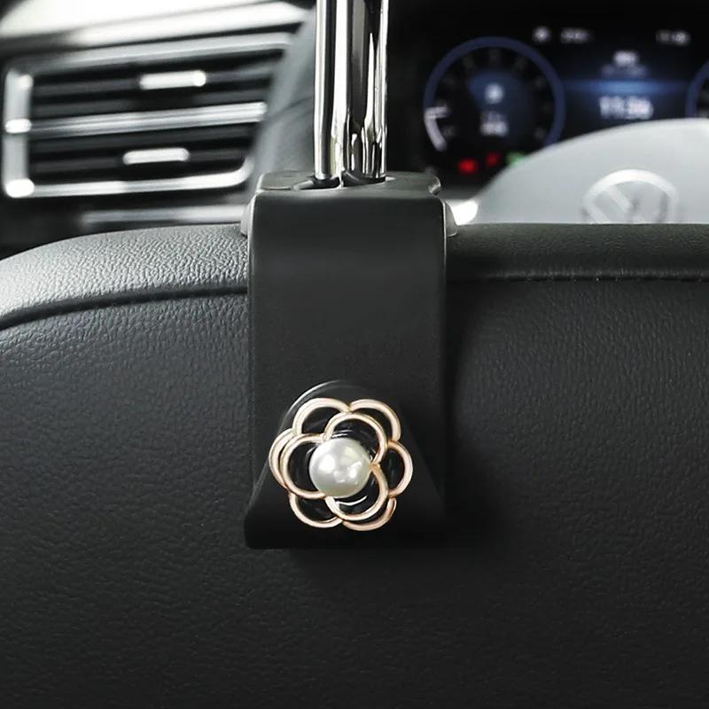 Cute Car Seat Back Hooks Diamond Camellia Flowers Decor Cartoon Bears Car Interior Storage Hook Handbag Hanging Holder Hook